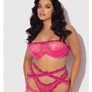 Yvone Lace Bra w/Removable Straps, Garter & Tanga Panty 3 pc Set - Pink 1X/2X