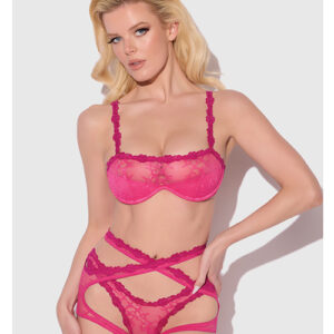 Yvone Lace Bra w/Removable Straps, Garter & Tanga Panty 3 pc Set - Pink MD
