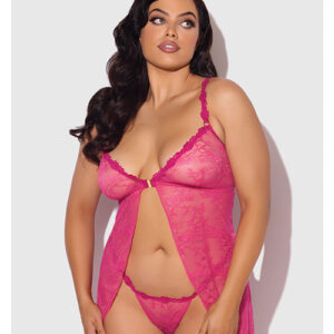 Yvone Lace Babydoll w/Front Closure & G-String 2 pc Set - Pink 3X/4X