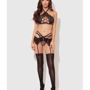 Felicia Mesh and Lace Bralette w/Garter & G-String 3 pc Set - Leopard XL