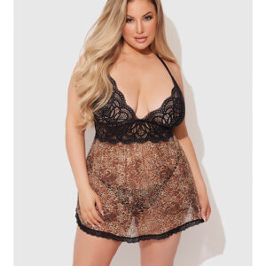 Felicia Mesh and Lace Babydoll w/G-String 2 pc Set - Leopard 3X/4X