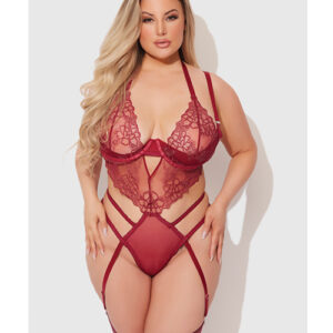 Eden Embroidered Lace & Mesh Teddy w/Garters - Dark Red 1X/2X