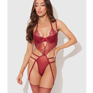 Eden Embroidered Lace & Mesh Teddy w/Garters - Dark Red XL
