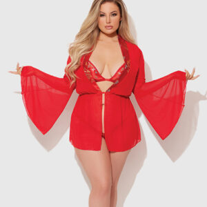 Dragon Sheer Mesh Robe w/Satin Triangle Top & G-String 3 pc Set - Red 3X/4X