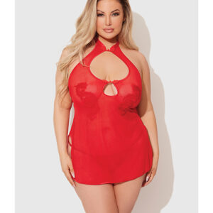 Dragon Mesh & Applique Chemise w/G-String 2 pc Set - Red 3X/4X