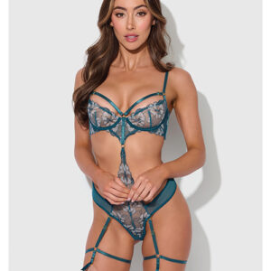 Nova Lace Teddy w/Garters - Jade Blue MD