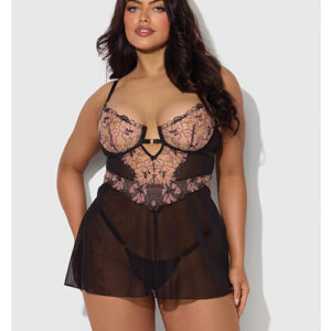 Nova Lace & Mesh Babydoll w/G-String 2 pc Set - Black 1X/2X
