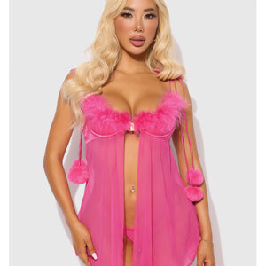 Marilyn Marabou & Mesh Babydoll & G-String Set - Pink 3X/4X