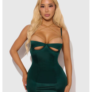Evangeline Satin & Chain Open Cup & Back Chemise & G-String Set - Green LG