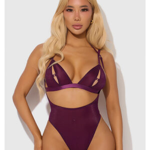 Yasmine Shimmer Mesh Slit Cup, Backless Teddy & Bralette Set - Burgundy 3X/4X