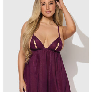 Yasmine Shimmer Mesh O-Ring Slit Cup Babydoll & G-String Set - Burgundy XL