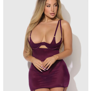 Yasmine Shimmer Mesh O-Ring Thigh Garter Chemise & G-String Set - Burgundy XL