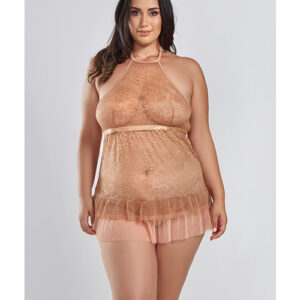 Amber Halter Lace Babydoll w/Tiered Pleated Mesh Skirt Hem & G-String Brown 1X