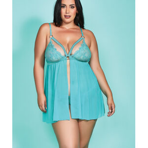 Riley Eyelash Lace Soft Cup Babydoll & Panty Teal 3X