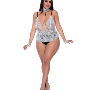 Dress Up Full Service Lace Deep V Teddy w/Collar & Wrist Cuffs Black/White QN