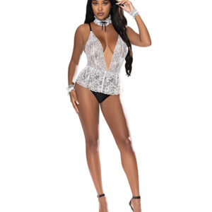 Dress Up Full Service Lace Deep V Teddy w/Collar & Wrist Cuffs Black/White S/M