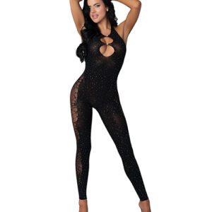 Seamless Halter Bodystocking w/Crystals - Black O/S