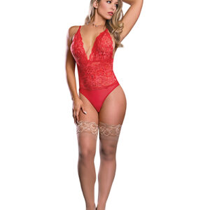 Risqu Business Lace & Mesh Teddy w/Snap Crotch Red L/XL