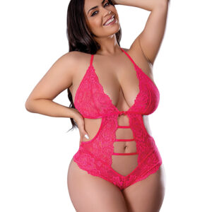 Get It Girl Lace Halter Teddy w/Snap Crotch - Pink QN