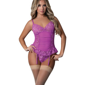 Butterfly Fantasies Gathered Corset w/Cheeky Panty & Attached Garters 2 pc Set - Neon Purple S/M