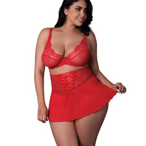 Sugar High Bralette w/Cincher Skirt & Thong 3 pc Set - Red QN