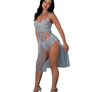 Blue Sky Long Chemise & Boy Short Panty - Light Blue L/XL