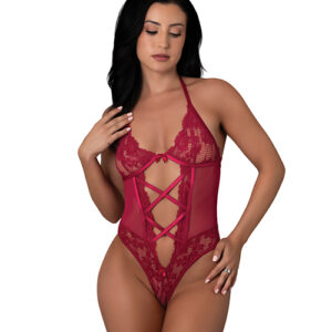 Black Cherry Halter Teddy - Red S/M