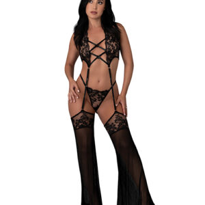 Black Cherry Plunge Top w/Removable Chaps & Cheeky Panty Set - Black L/XL