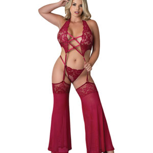Black Cherry Plunge Top w/Removable Chaps & Cheeky Panty Set - Red QN
