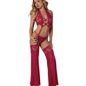 Black Cherry Plunge Top w/Removable Chaps & Cheeky Panty Set - Red S/M