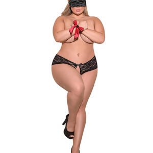 Love & Bondage Split Back Lace Booty Short, Blindfold & Wrist Ties Black QN