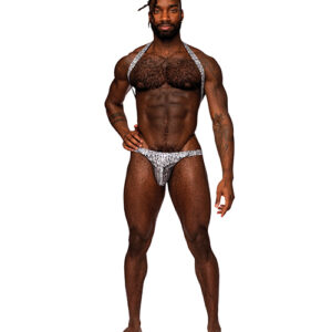 Snaked Metallic Coated Shoulder Sling Harness Thong Silver/Black S/M