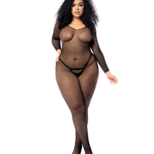 Long Sleeved All Over Fishnet Body Stocking Black QN