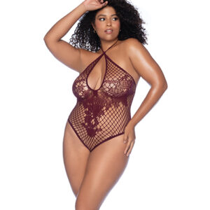 Floral Convertible Top Fishnet Bodysuit - Burgundy QN