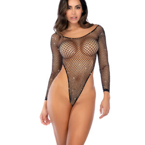 Fishnet Long Sleeve High Leg Bodysuit w/Rhinestones - Black O/S