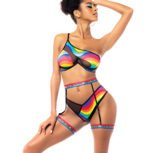 Pride One Shoulder Top, Garter Belt & Panty Black Prints S/M