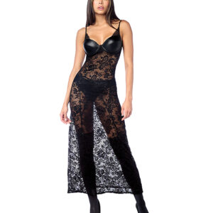 Lace Underwire Long Gown w/Panty & Garter Belt 2 pc Set (Stockings not Included) - Black L/XL