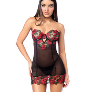 Untamed Floral Embroidered Underwire Babydoll w/Back Lace Up Detail & G-String - Black/Red LG