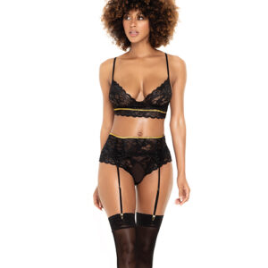 Lace Underwire Bra, Thong & Garterbelt w/Lace Up Detail Black S/M