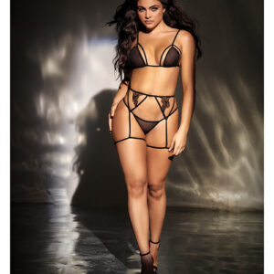 Mesh Top w/Adjustable Coverage, Garter Belt & Thong Black S/M