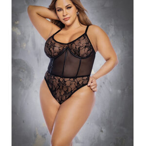Floral Lace & Mesh Underwire Bodysuit w/Lace Up Back Black 3X/4X