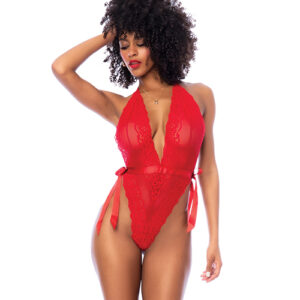 Lace Deep-V Halter Teddy w/Hook and Eye Crotch Closure - Red L/XL