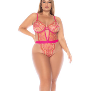 Scallop Lace and Mesh Underwire Teddy - Pink 1X/2X
