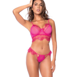 Scallop Lace and Mesh Underwire Bra w/Thong 2 pc Set - Pink L/XL