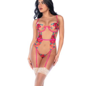Seductive Garden Floral Mesh Teddy w/Attached Garters - Multi-Color L/XL