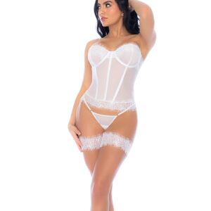 Strapless Lace-Up Bustier w/G-String & Leg Garters 4 pc Set - White S/M