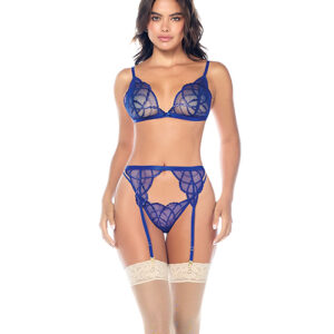 Lace Bralette w/G-String & Garter 3 pc Set - Sapphire Blue S/M