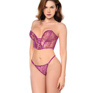 Mesh Bustier & G-String w/Adjustable Sides 2 pc Set - Pink L/XL
