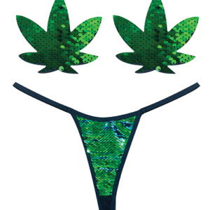 Neva Nude Naughty Knix Weed Leaf Sequin G-String & Pasties - Green O/S
