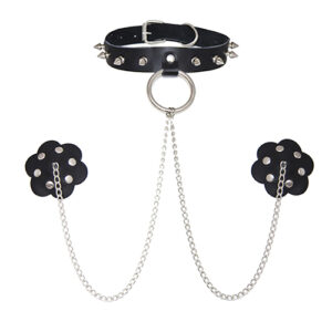 Neva Nude Burlesque Slave 4 U Chain Neck Choker Leather Reusable Silicone Pasties - Black O/S